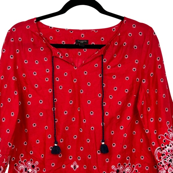 Talbots Top Womens Small Petite Red Bandana Print Tassel Neck 3/4 Sleeve Blouse - Picture 2 of 10